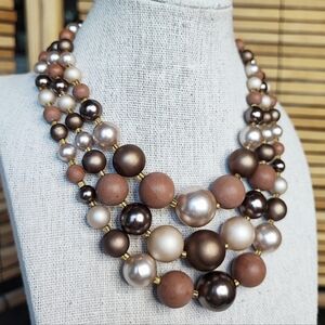 3 Strand Vintage Japan Signed Necklace Faux Pearls Nude Natural
